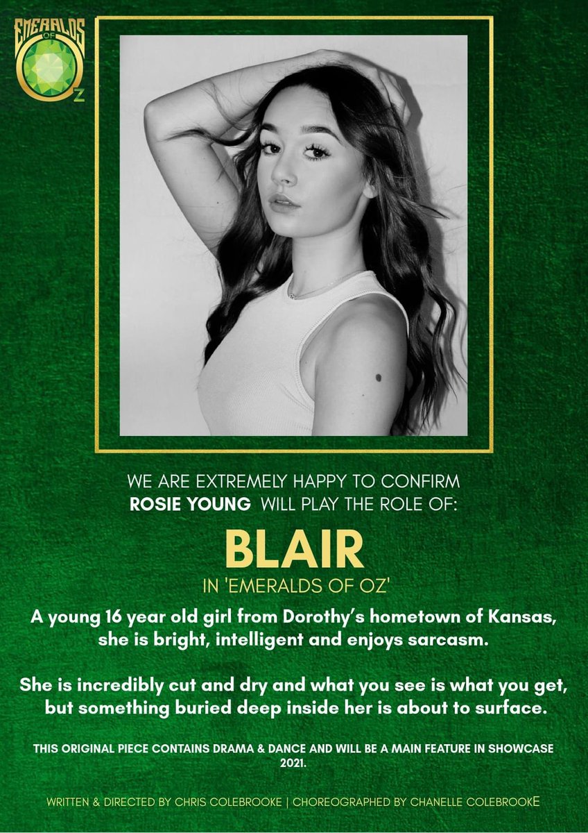 ColebrookeMedia's tweet photo. 💚✨ CAST ANNOUNCED ✨💚

We are extremely happy to announce the principal cast for 'Emeralds of Oz' coming to the stage for Showcase 2021.

Oz has been conquered by Dorothy Gale, self-proclaimed empress and dictator. 

Join us on a journey back down the yellow brick road… 🖤 https://t.co/dFnTf0OnJO