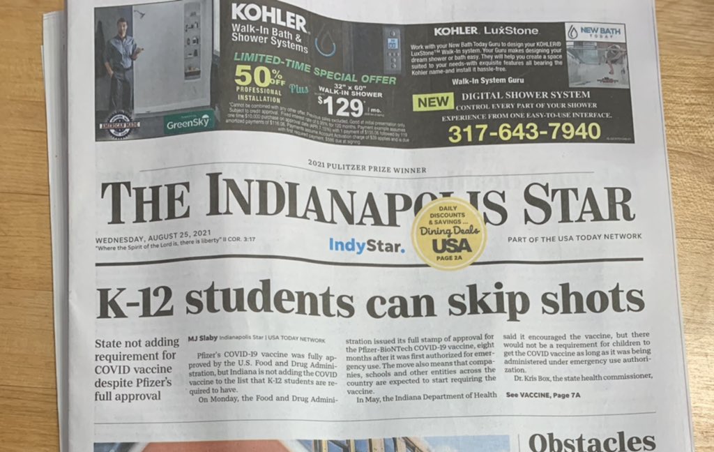 chuckgose's tweet photo. Terrifying &amp; dangerous headline in the @indystar 

“We don’t need the vaccines. The media said we can skip them….” https://t.co/SUSctcHHRv
