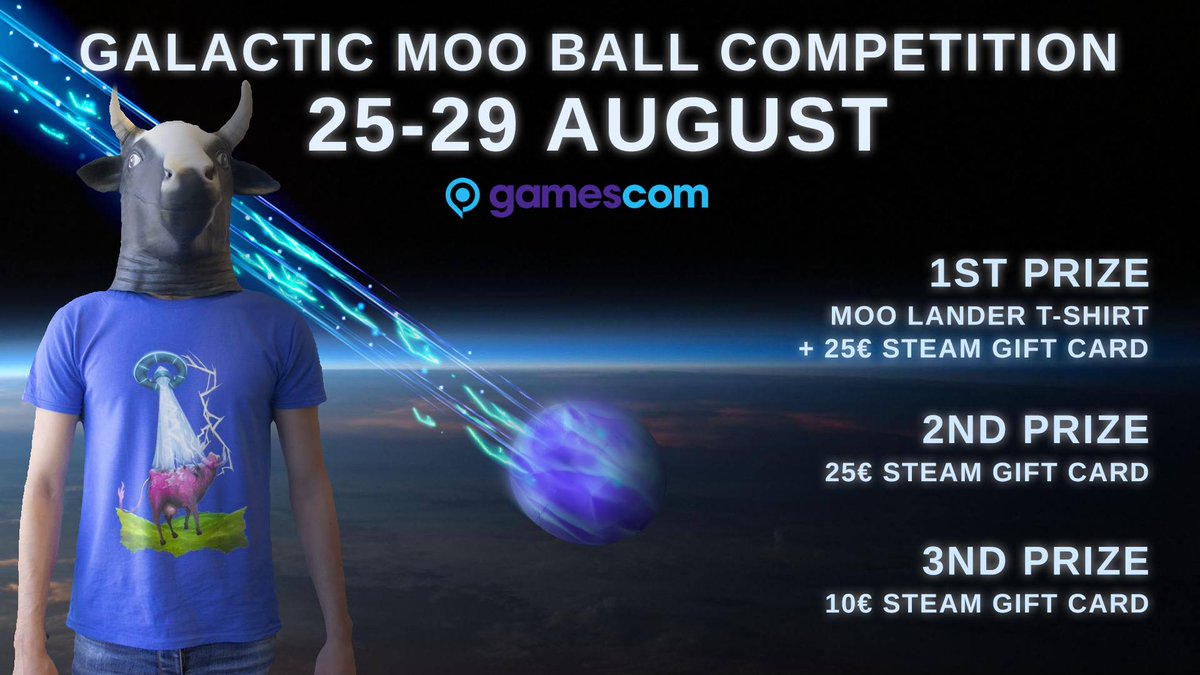 WoodstockPro's tweet photo. The Galactic Mooball competition will be held exclusively during this year’s Gamescom!
 START: August 25th
 END:  August 29th  (included)
Between these two dates, Moo Lander’s free Steam demo will be updated with this new multiplayer mode: https://t.co/lZlGXRhXCk https://t.co/OuI5HrosfH