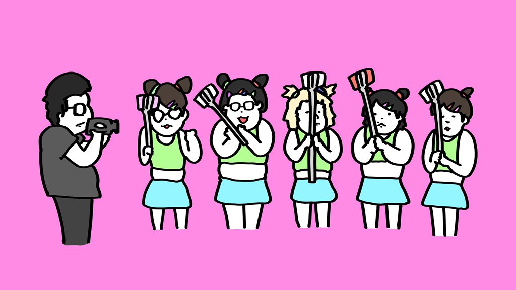 multiple girls glasses opaque glasses pink background hair bun black hair skirt  illustration images