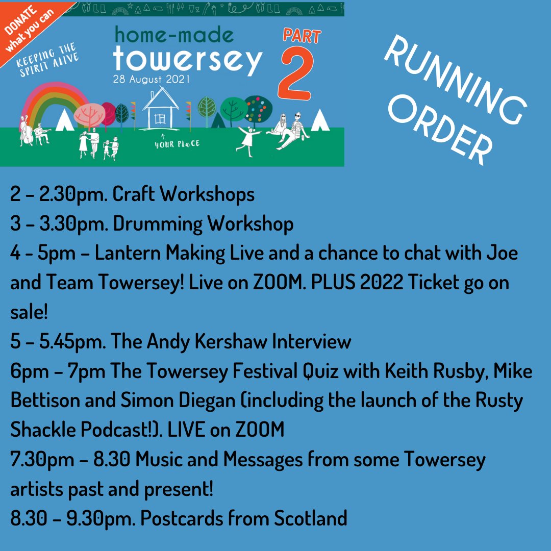 towerseyfesti's tweet photo. Here's the running order for Saturday. Find out more about what's involved and what you might need at

https://t.co/UFUFy9UzT4

All activity will be on either You Tube or Zoom - links to be sent out on Friday. https://t.co/k0FgXRaOFZ