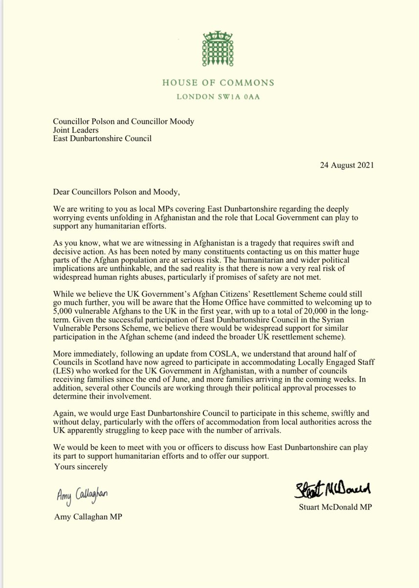 Amy Callaghan Mp Alongside Stuart Mcdonald I Have Written To The Co Leaders Of Edcouncil Urging Them To Take Swift Action Participate In The Afghan Citizens Resettlement Scheme Following An Outpouring
