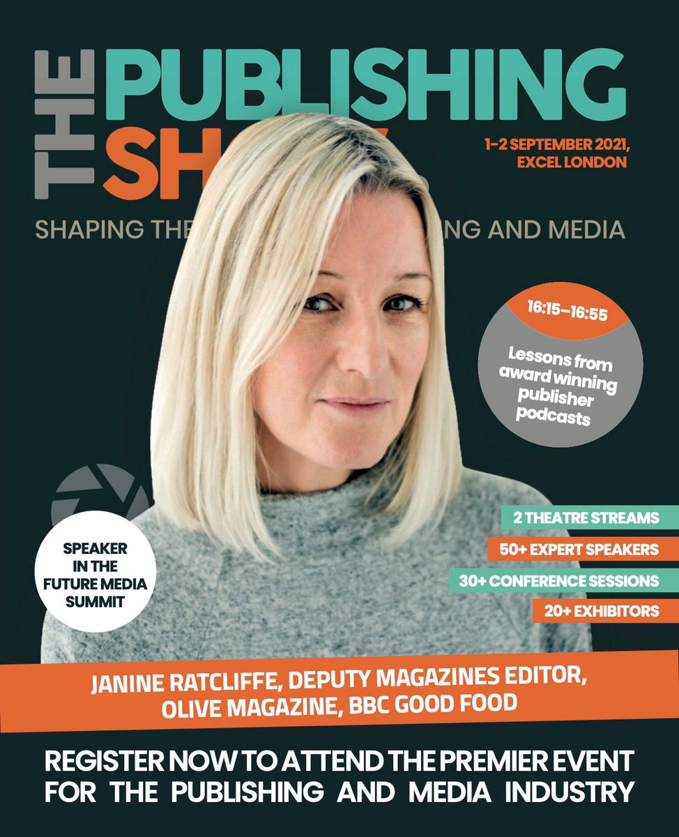 We can’t wait to hear from Janine Ratcliffe, the Deputy Magazines Editor for <a href="/olivemagazine/">olive magazine</a> &amp; <a href="/bbcgoodfood/">Good Food</a> - <a href="/immediate_media/">Immediate</a> on the ‘Lessons from award winning publisher podcasts' panel. #TPS21 
One week to go! Find out more buff.ly/2W9iIMC