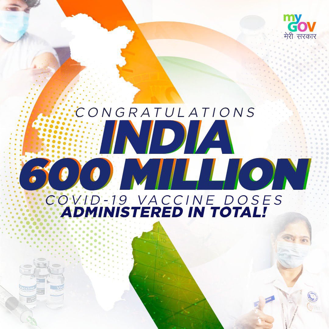 #LargestVaccineDrive 

60 crore vaccine doses administered & counting  under the world’s largest vaccination drive so far.
This makes 600 million doses! A record! 
#ModiHaiTohMumkinHai 
#IndiaFightsCovid