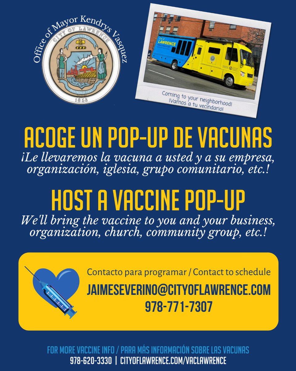 Mayor Brian A. DePeña (@mayorlawrencema) on Twitter photo 💙 Thanks to our Pop-Up hosts, we are able to expand our vaccination efforts and bring the vaccines to YOU! If you would like to host a Vaccine Pop-Up, please connect with us at JaimeSeverino@cityoflawrence.com or 978-771-7307. 💙 Thanks to our Pop-Up hosts, we are able to expand our vaccination efforts and bring the vaccines to YOU! If you would like to host a Vaccine Pop-Up, please connect with us at JaimeSeverino@cityoflawrence.com or 978-771-7307.