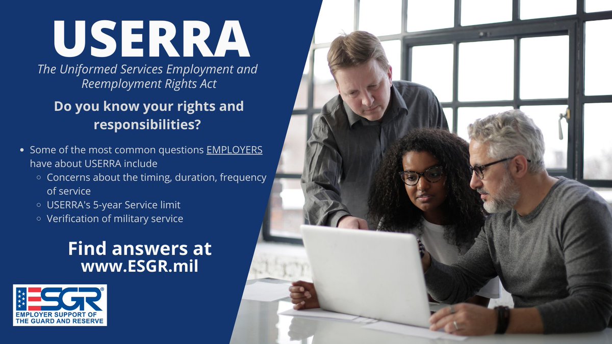 ESGR's tweet photo. Are you an #employer with questions about how to support your employee's #military service? Do you know your rights and responsibilities under  #USERRA? #ESGR exists to serve you! Our Customer Service Center team is available to answer your questions at 800-336-4590, option 1 https://t.co/CxdyOqzpdd