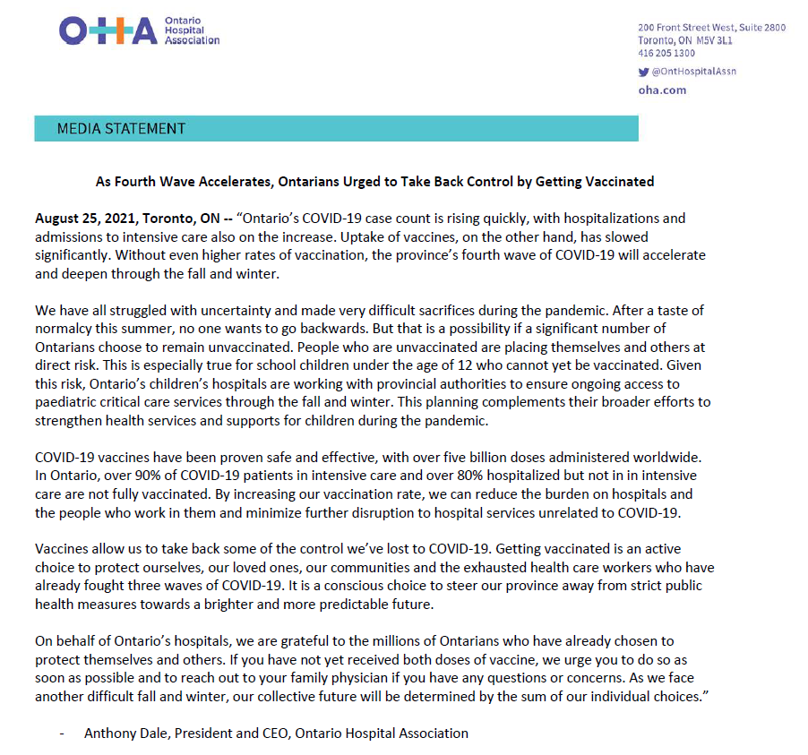 Case counts are rising, and without higher rates of vaccination the fourth wave will only accelerate. The OHA urges all Ontarians to protect themselves and others and take back control from COVID-19: oha.com/Bulletins/OHA%… #onhealth