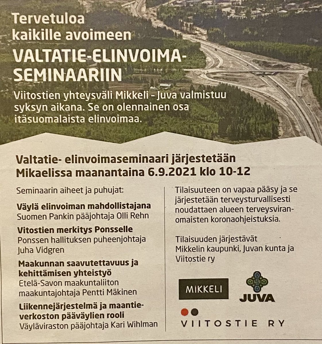 riihela_jouni's tweet image. Vt5 yhteysväli Mikkeli Juva aukeaa täyteen mittaansa. Reilun 120 M euron investointi luo alueelle elinvoimaa. Mitä uusia mahdollisuuksia se synnyttää - tätä pohditaan Mikaelissa maanantaina 6.9. klo 10-12. Vapaa pääsy! #vt5 #mikkeli #elinvoima #eteläsavo