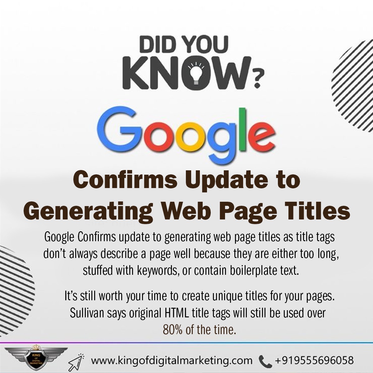 kingofdgtlmrkt's tweet image. DID YOU KNOW!
Google Confirms update to generating web page titles
#google #googleranking #googlealgorithum #keywordstuffing #pagetitle #didyouknow #reviews #websiteranking #rankwebsite #searchresults #Searchengine #sullivan #titletag #html #googleupdate #googlealgorithumupdate