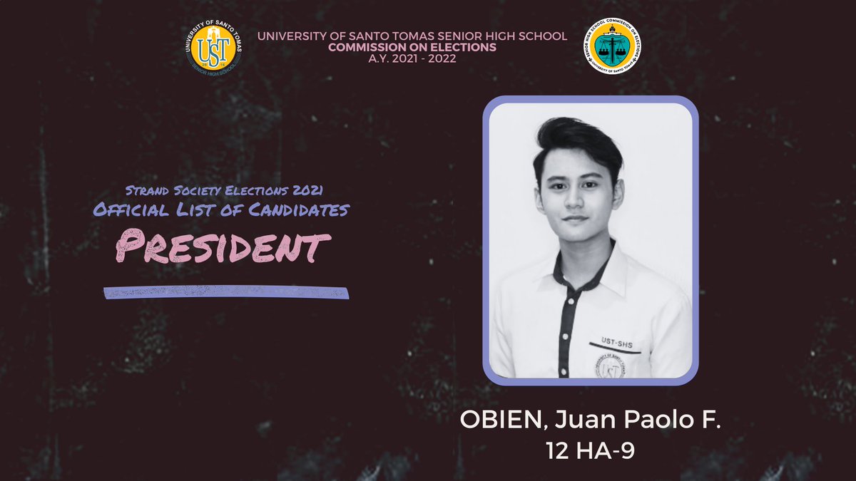 ustshscomelec's tweet photo. 🗣 Attention, Senior High! 

📝 Here is the official list of candidates for the HA Strand Society. 

#StrandSocietyElections2021
#HASocElections2021

1/3 https://t.co/dxEBgntI6J