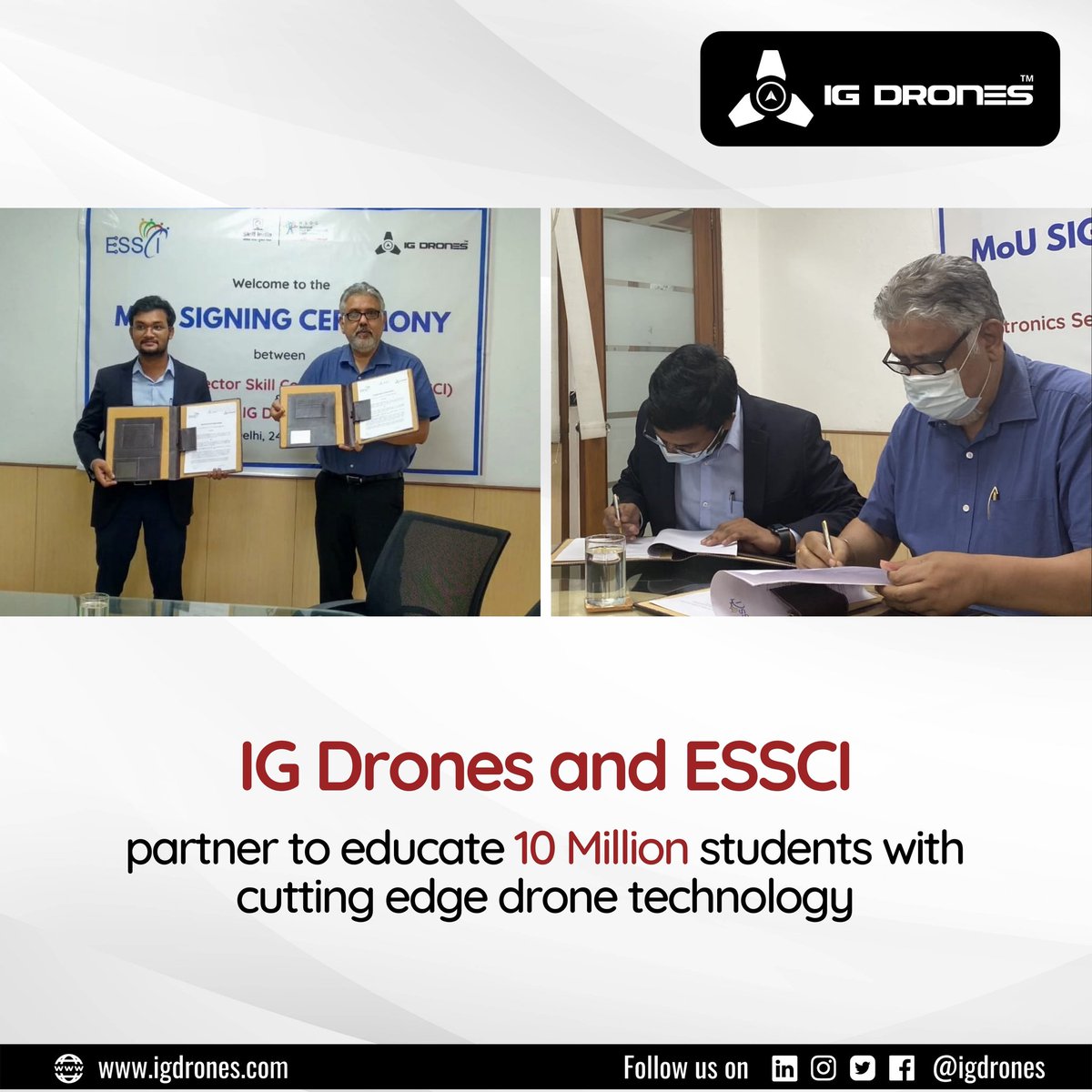 It's a moment of immense pleasure to announce our collaboration with the <a href="/EssciIndia/">ESSCI</a>, aligned to the terms laid by the NEP.
We aim to set up a skilled ecosystem by establishing a Centre of Excellence (COE) that would train the youth of the nation with advanced drone technology.
