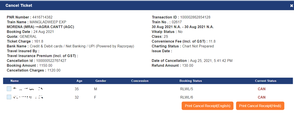 fellowindian63's tweet photo. proud of you indian railway. @indianrailway__ @IRCTCofficial @AshwiniVaishnaw .
for a unconfirmed 2S ticket of amount 150 rs  booked on 24 aug 2021for date 30 aug. our indian railway charges 120 rupees for cancelling it on 25 august . 
what a fabulous ticketing system we have. https://t.co/uyCJ0LlAv8