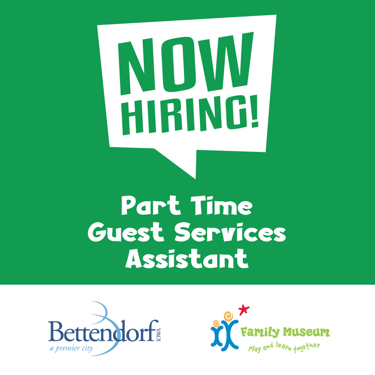 Join our team! We are hiring a part-time Guest Services Assistant at the Family Museum! Because we are a department of the @City of Bettendorf, Iowa Government please visit their website to apply! Listing closes Friday, September 3. careers-bettendorf.icims.com/jobs/1421/gues…