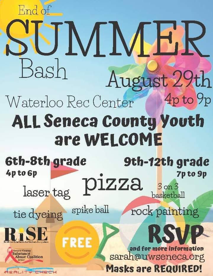 Hey everyone this Sunday at the Waterloo rec center RISE will be having an end of the summer bash this event will be open to everyone in Seneca County. There will be free pizza, basketball tournaments, laser tag, rock painting and more. So please stop by and come have some fun!
