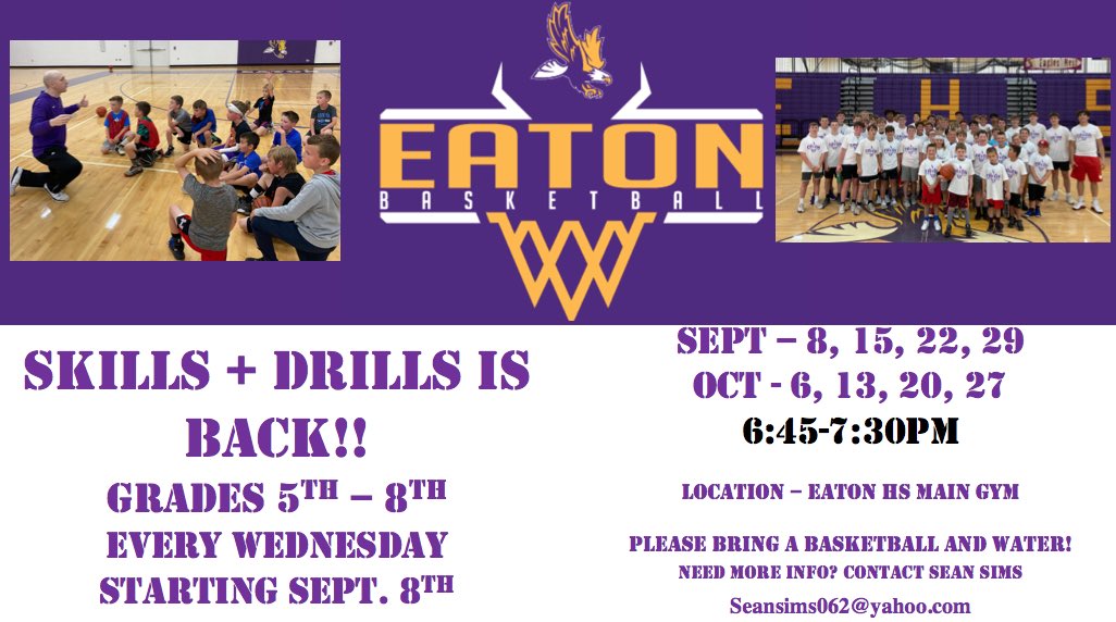 🦅🟣 Skills + Drills is back!!! Can’t wait to get back in the gym with our youth program!! See you Sept. 8th!! #GoEagles 🟡🦅