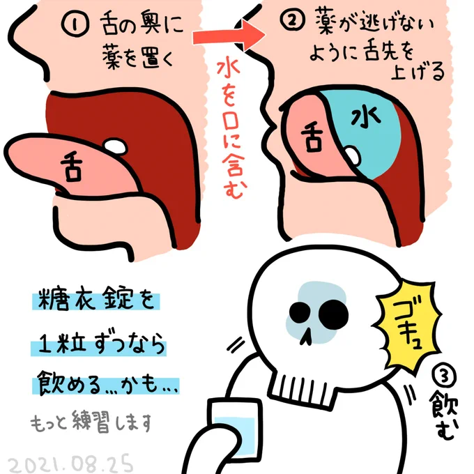 2021年8月25日(水) 昔から錠剤やカプセルをうまく飲めずボリボリ噛み砕いてしまう こんなんじゃだめだ!!と思って今日ビタミンサプリで練習したのでメモ…… 緊張して喉に力が入るのと、薬が口の中で泳ぐのがだめなんだと思うんだよね