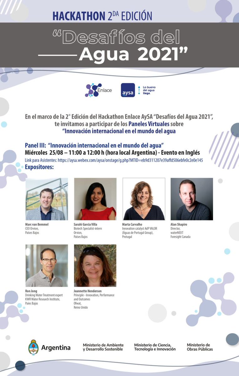 EmbCanArgentina's tweet photo. En el marco de la segunda edición del #HackathonHub de Innovación - Enlace @AySA_Oficial "Desafíos del Agua 2021", te invitamos a participar del panel "Innovación internacional en el mundo del agua". Participa Alan Shapiro de la aceleradora de tecnología WaterNEXT 🇨🇦 https://t.co/zcmftHs1EO
