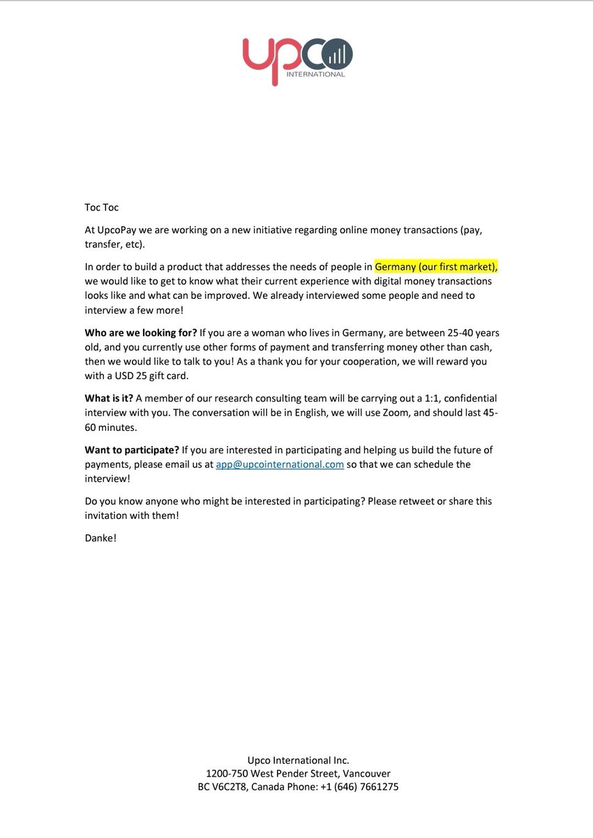 upcopay's tweet photo. Toc Toc!!
Do you know any German that might be interested in participating in our UpcoPay research project on digital money transactions? Please see our request below! #UpCo #UX #UserExperience #ProductDiscovery #ProductStrategy https://t.co/gfyjB7ssKt