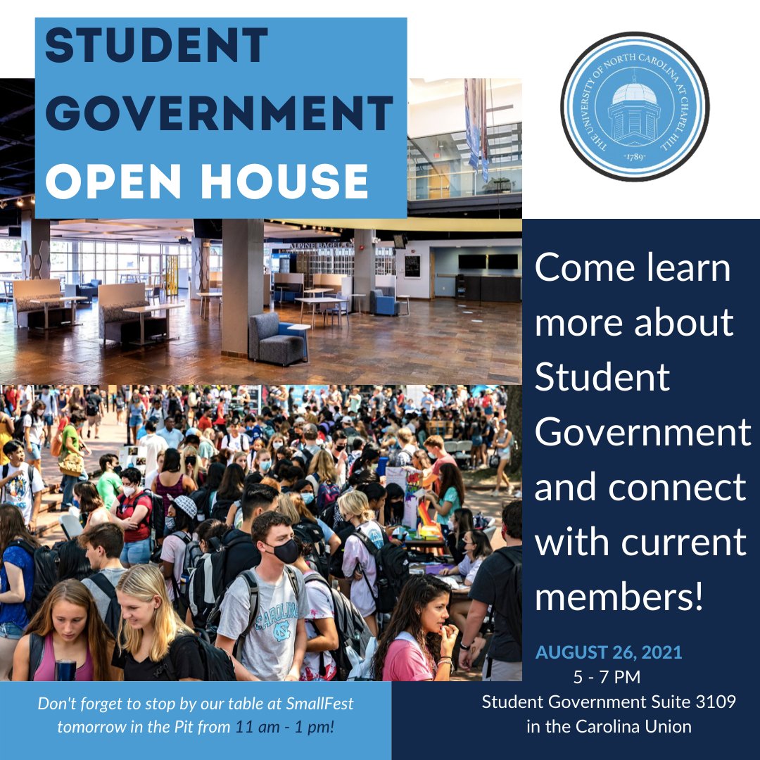 Stop by and learn more about what it's like to be a member of Undergraduate Student Government and an administration committed to student-centered, student-focused, and student-driven governance for all Carolina students!

#UNCStudentLife