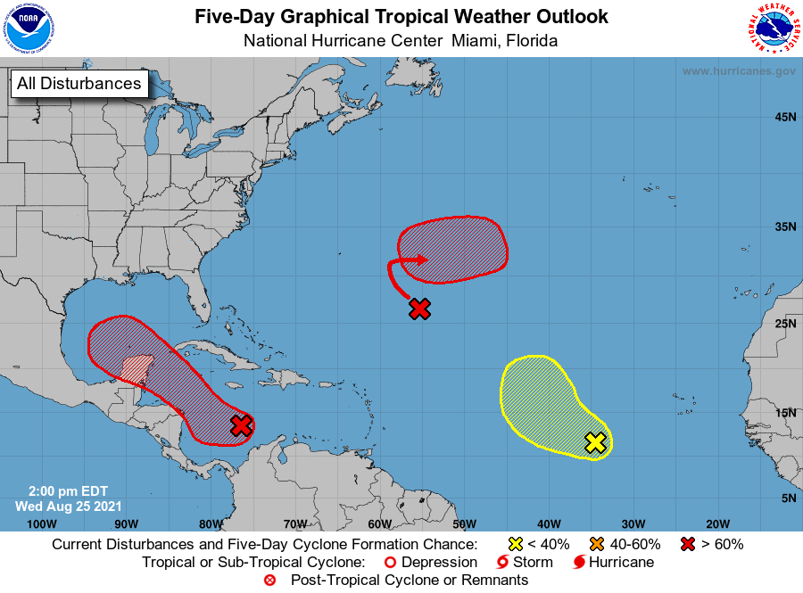 2 PM EDT: The Atlantic basin currently has three disturbances that NHC is monitoring for development - two with a high chance of formation over the next 5 days, and one with a low chance. For additional information see the Tropical Weather Outlook at  hurricanes.gov