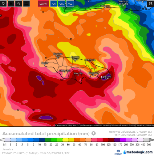 weatherjamaica's tweet photo. Attention! The ECMWF &amp; the GFS supercomputer models are predicting flood triggering rainfall across sections of Jamaica during the day on Thursday, August 26, 2021. If you must go out tomorrow bring an umbrella with you &amp; if you come upon flooded roadways turn, around don't drown https://t.co/mx3vhEUMol