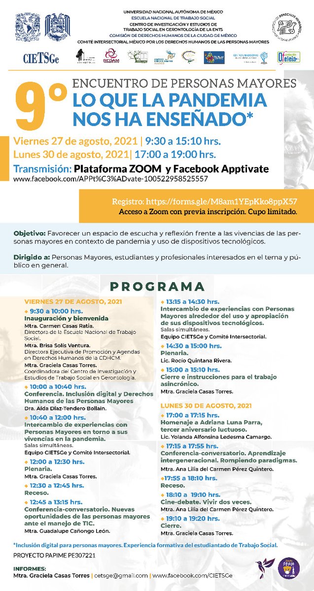 CietsgeO's tweet photo. El CIETSGe y el Comité Intersectorial "México por los Derechos Humanos de las Personas Mayores" te invitan a la novena edición del Encuentro de Personas Mayores para compartir sobre "Lo que la pandemia nos ha enseñado"
Requiere registro previo https://t.co/2U90gNZH9h https://t.co/lEYKESwR2F