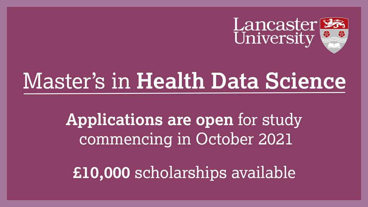 Lancaster University Faculty of Health & Medicine (@lancasterunifhm) on Twitter photo If a career that tackles public health challenges and improves lives around the world is your ambition, our new Master's in Health Data Science is the perfect next step for you 📊🌏
We have up to 16 £10,000 <a href="/officestudents/">The Office for Students (OfS)</a> funded scholarships available ➡️ lancaster.ac.uk/health-and-med… If a career that tackles public health challenges and improves lives around the world is your ambition, our new Master's in Health Data Science is the perfect next step for you 📊🌏
We have up to 16 £10,000 <a href="/officestudents/">The Office for Students (OfS)</a> funded scholarships available ➡️ lancaster.ac.uk/health-and-med…