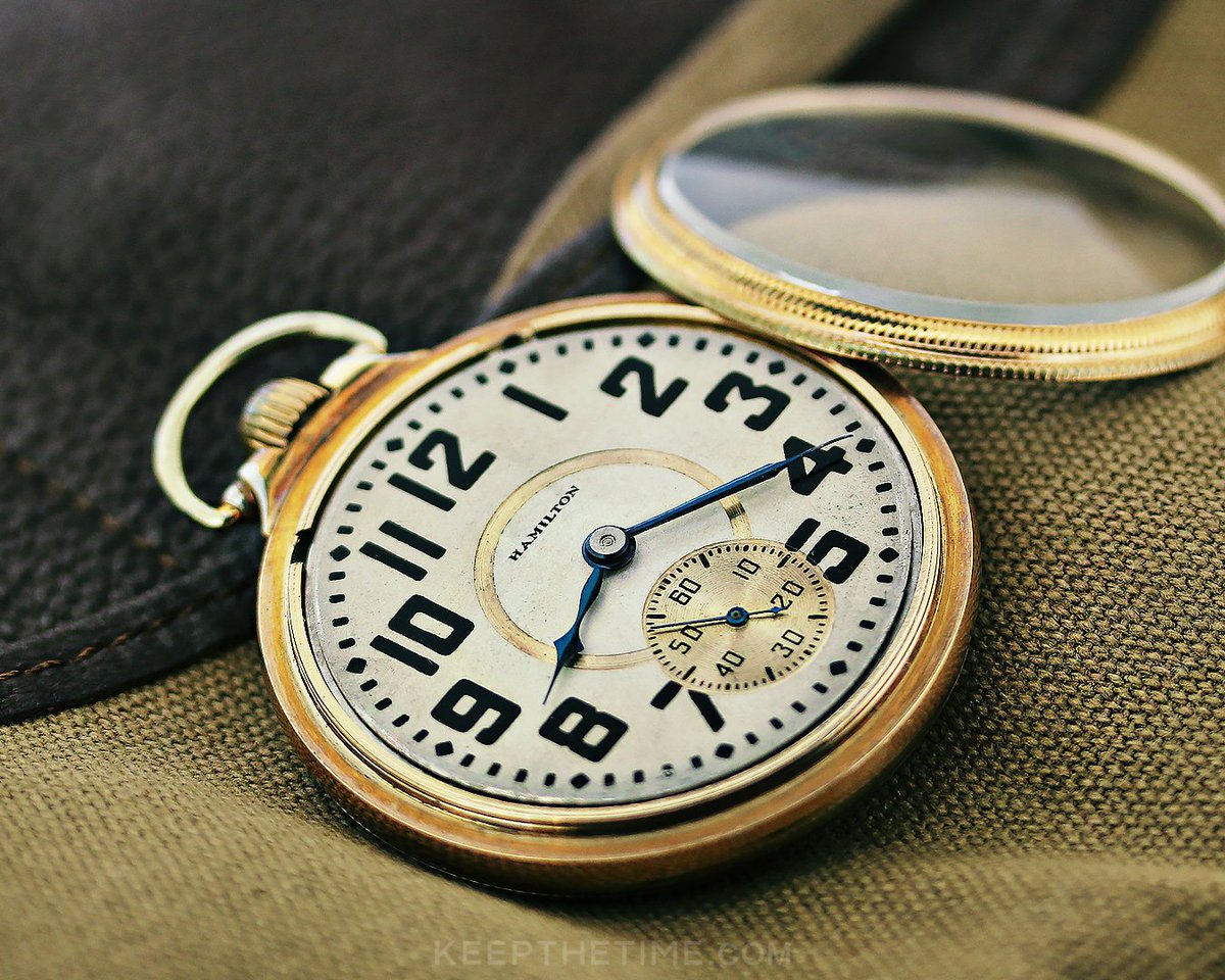 KeepTheTime's tweet photo. #pocketwatchwednesday with a Hamilton railroad watch from 1908 - exactly 100 years before KTT was founded! Grade 992 behind a bold boxcar dial! This (time)piece of history is from an era when Hamilton watches were 100% made in USA. Check out @calibercorner for a view of the mvmt. https://t.co/thctF6WYWf