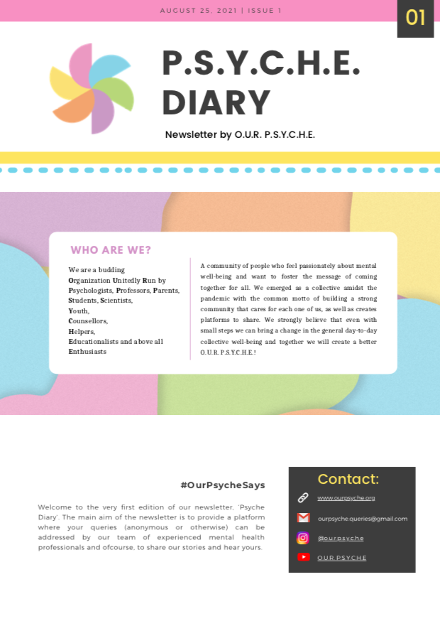our_psyche's tweet photo. We bring you the very first edition of  O.U.R  P.S.Y.C.H.E newsletter - P.S.Y.C.H.E. Diary! 
Here is a glimpse of what all is in store for you. Send us your thoughts, queries, or valuable feedback.
 
Click on the link below to read the entire newsletter. 
https://t.co/lUYu7ERo3J https://t.co/CFywRAvL5H
