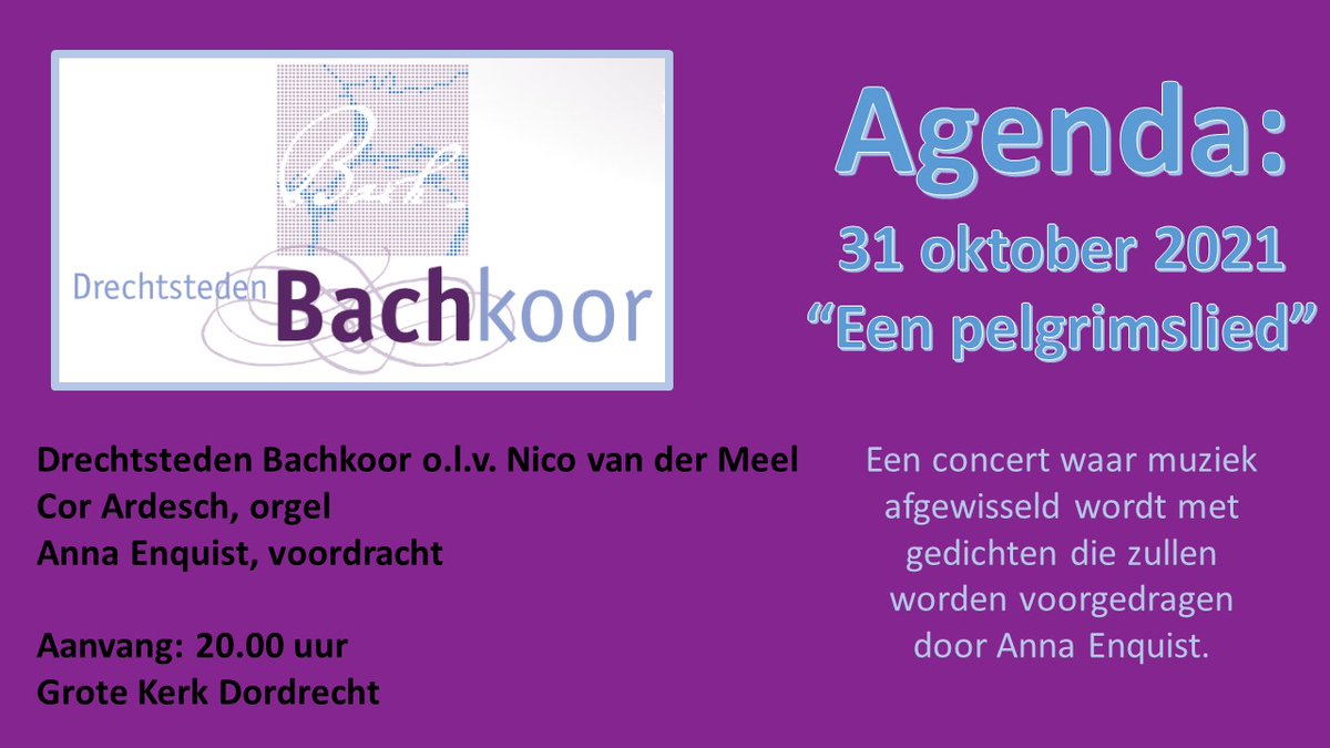 Na anderhalf jaar Corona-stilte zingt het Drechtsteden Bachkoor weer. Voor informatie: drechtstedenbachkoor.nl/31-oktober-202…

Voor kaartverkoop: ticketkantoor.nl/shop/pelgrimsl…