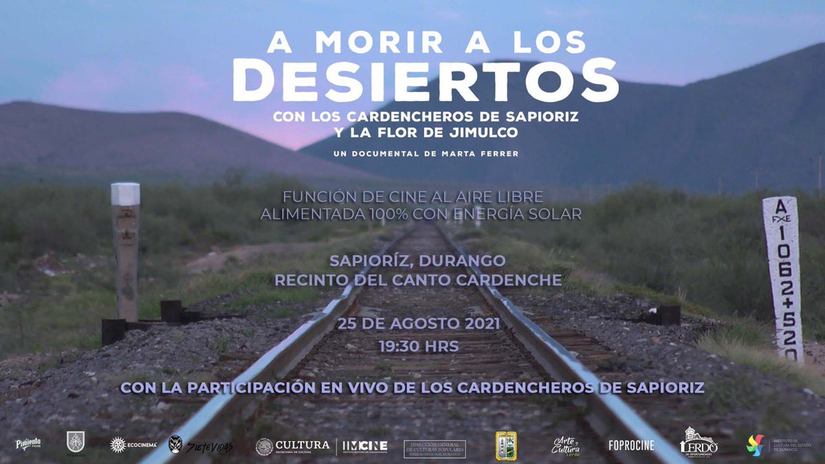 ECOCINEMA (@ecocinemasolar) on Twitter photo Hoy, en Sapioríz, #Durango presentamos #AMorirALosDesiertos de #MartaFerrer con la participación en vivo de Los Cardencheros de Sapioríz.
<a href="/PimientaFilms/">Pimienta Films</a>
#Cine #Documental #CineMexicano Hoy, en Sapioríz, #Durango presentamos #AMorirALosDesiertos de #MartaFerrer con la participación en vivo de Los Cardencheros de Sapioríz.
<a href="/PimientaFilms/">Pimienta Films</a>
#Cine #Documental #CineMexicano