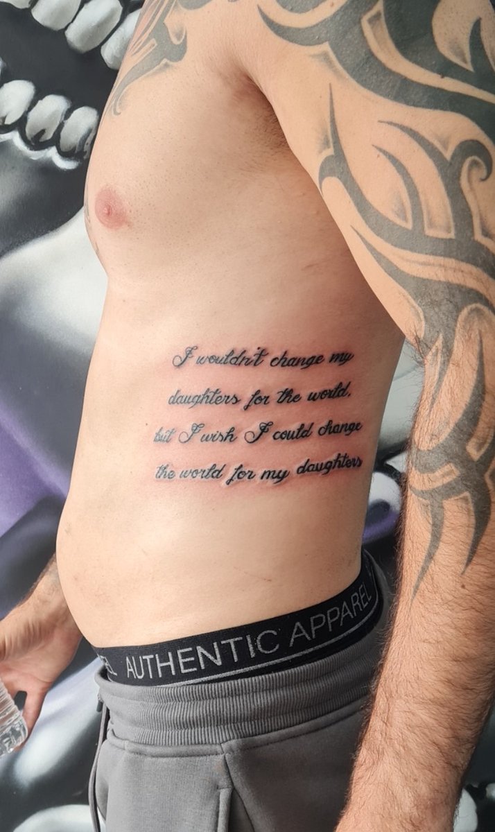A tribute to his beautiful daughters #scripttattoo #script #tributetattoos  #ribtattoo #Icausepain #getsomeink #newtattooday #Icandesign  #Inkboneztattoostudio #westmidlandstattoos #tattooapprentice  #buildingacareer #womanartist, image size:714x1200