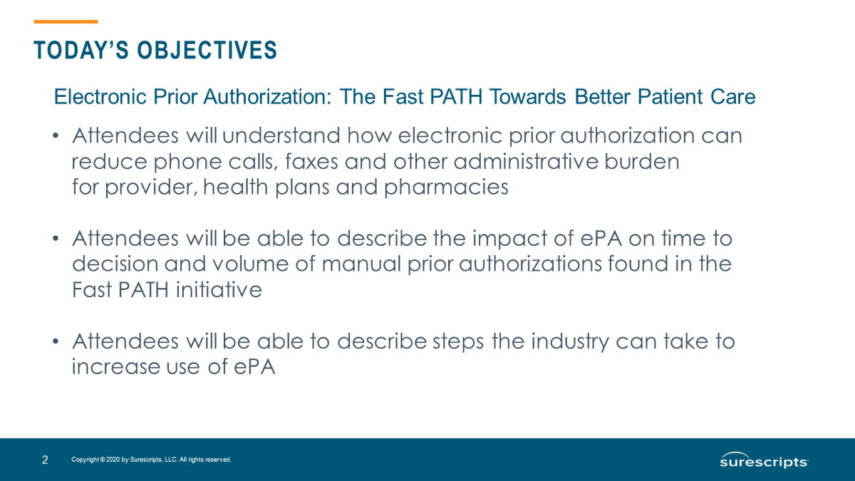 HCExecGroup's tweet image. Objectives of today’s webinar “Electronic Prior Authorization: The Fast PATH Towards Better Patient Care” – Presented by @Surescripts

#healthIT
#FastPATH