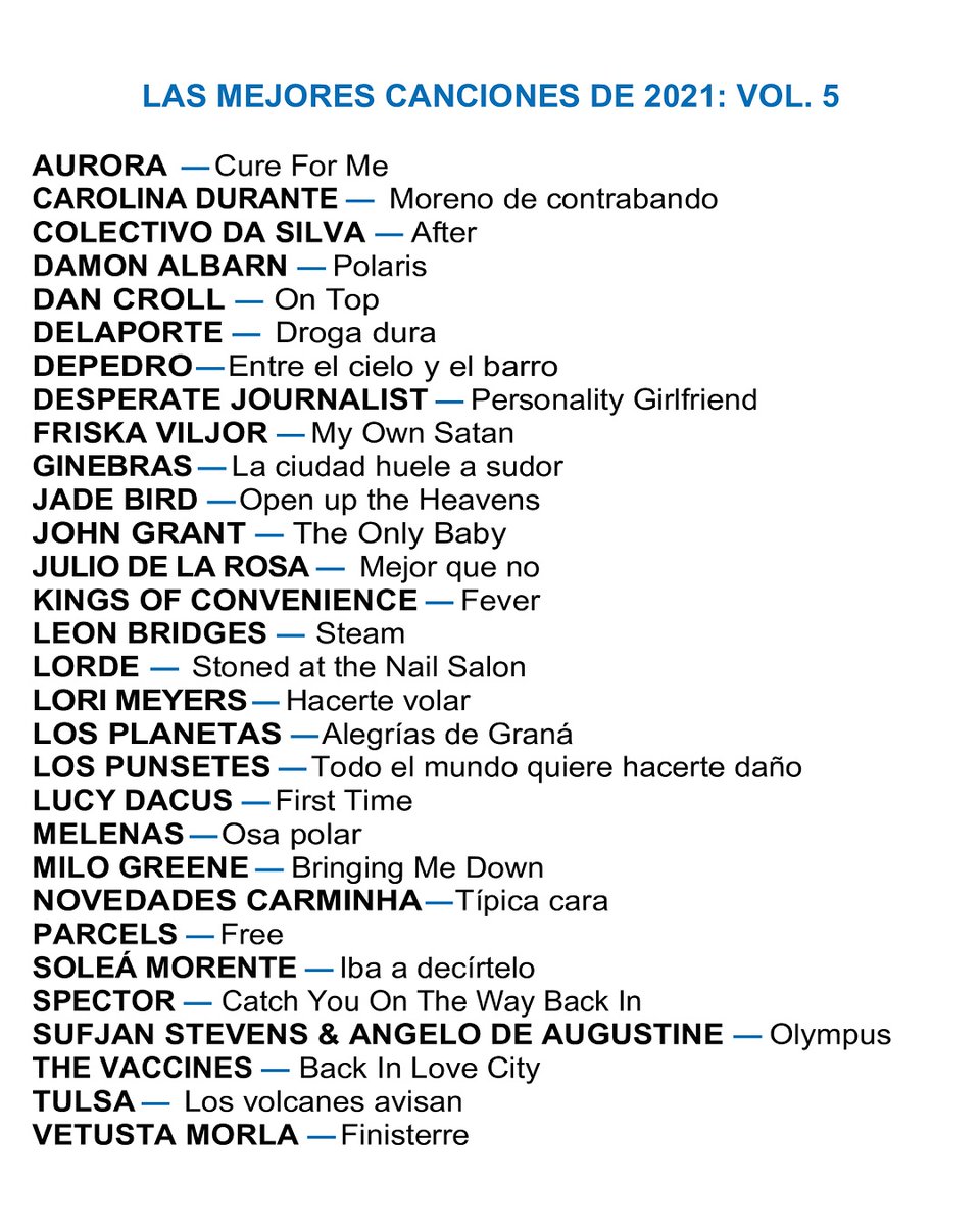 delladodeloi's tweet photo. Playlist "LAS MEJORES CANCIONES DE 2021: VOL. 5" incluye (2/3): @JadeBirdMusic, @johngrantmusic, @juliodelarrosa, @Kings_of_C, @leonbridges, @lorde, @lorimeyersband, @LosPlanetasGr, @lospunsetes, @lucydacus 

https://t.co/O25b7wFrPW

https://t.co/pGyNWzClMT https://t.co/BNiSFNQXX3