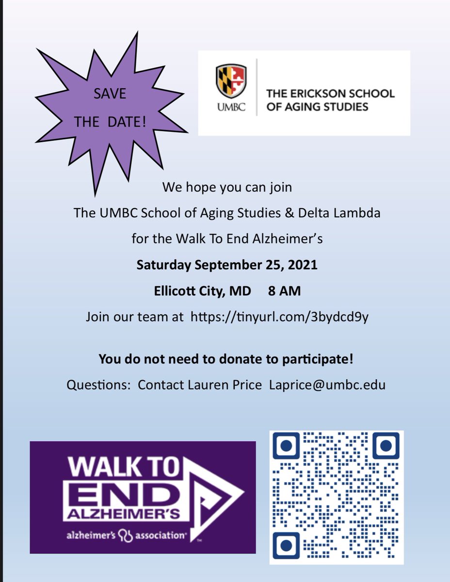 Join UMBC's Erickson School of Aging and Sigma Phi Omega for the Walk to End Alzheimer's on Saturday, September 25th at 8:00 a.m. in Ellicott City, MD.

Join our team to register. Donations are appreciated, but not required to walk with us. #umbcaging 

act.alz.org/site/TR?fr_id=…