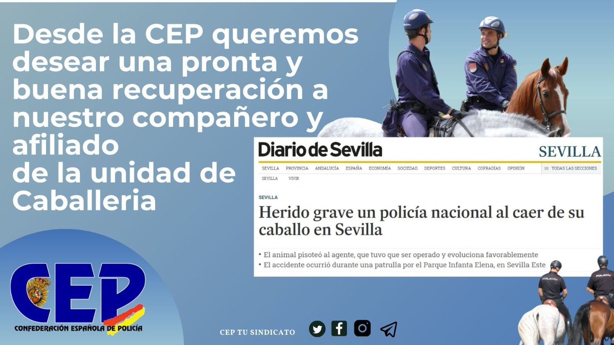 cepmadrid's tweet photo. 🩺 Desde la CEP queremos enviar mucha fuerza al compañero y afiliado de la Unidad de Caballería que ha sufrido una grave caída desde su caballo mientras realizaba sus funciones en la ciudad de #Sevilla 

Te deseamos pronta y buena recuperación compañero 💪🏼 

#siempreatulado #CEP https://t.co/TR2fZAjeOt