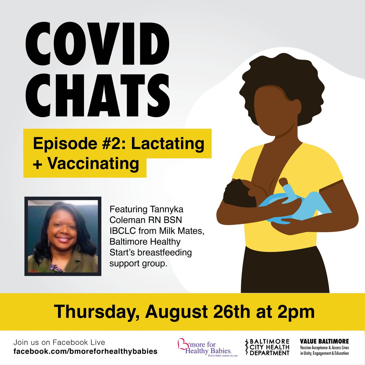 BmoreforBabies's tweet photo. Join us on Facebook Live tomorrow at 2 to talk about breastfeeding + the COVID-19 vaccine. #BreastfeedingAwarenessMonth @BMore_Healthy #BALTIMOREvsCOVID #baltimoremoms #baltimorefamilies #coronavirusbalt #covid19 #mybmore #baltimore #covidvaccine #breastfeeding https://t.co/8Q94hFTdYs
