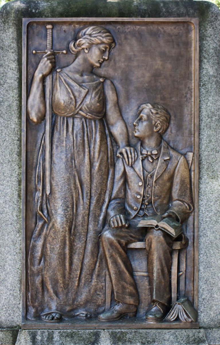 sams_reckoning's tweet photo. It is not by chance that a plaque on Silent Sam’s plinth featured a woman, in Classical dress &amp; personifying NC, handing a young male student a sword as he dropped his book &amp; turned away from his studies. https://t.co/kYApau8q6s