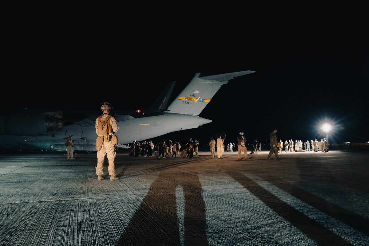 DeptofWar's tweet photo. Afghanistan evacuees depart an @usairforce C-17 Globemaster lll at Naval Air Station Sigonella. https://t.co/fA7mnuWumX