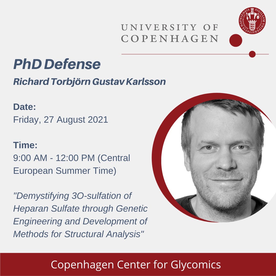 Join us this Friday, 27 August 2021 at 9AM (CEST) on Zoom for Richard Karlsson's PhD thesis defense!
glycomics.ku.dk/news--events/r…
