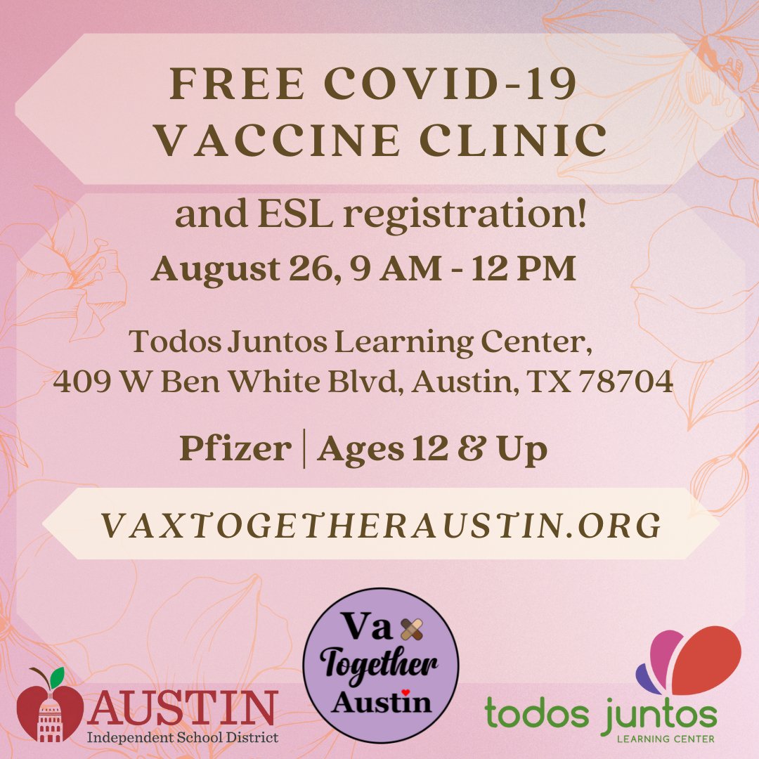 Free COVID vaccines + ESL registration.
Vacunas contra el COVID gratis + registro para clases de ESL.

8/26, 9am-12pm. <a href="/TodosJuntosLC/">Todos Juntos</a>, 409 W Ben White Blvd, ATX 78704. Pfizer (12+).

To register for ESL classes, bring government-issued photo ID, mask, personal water bottle.