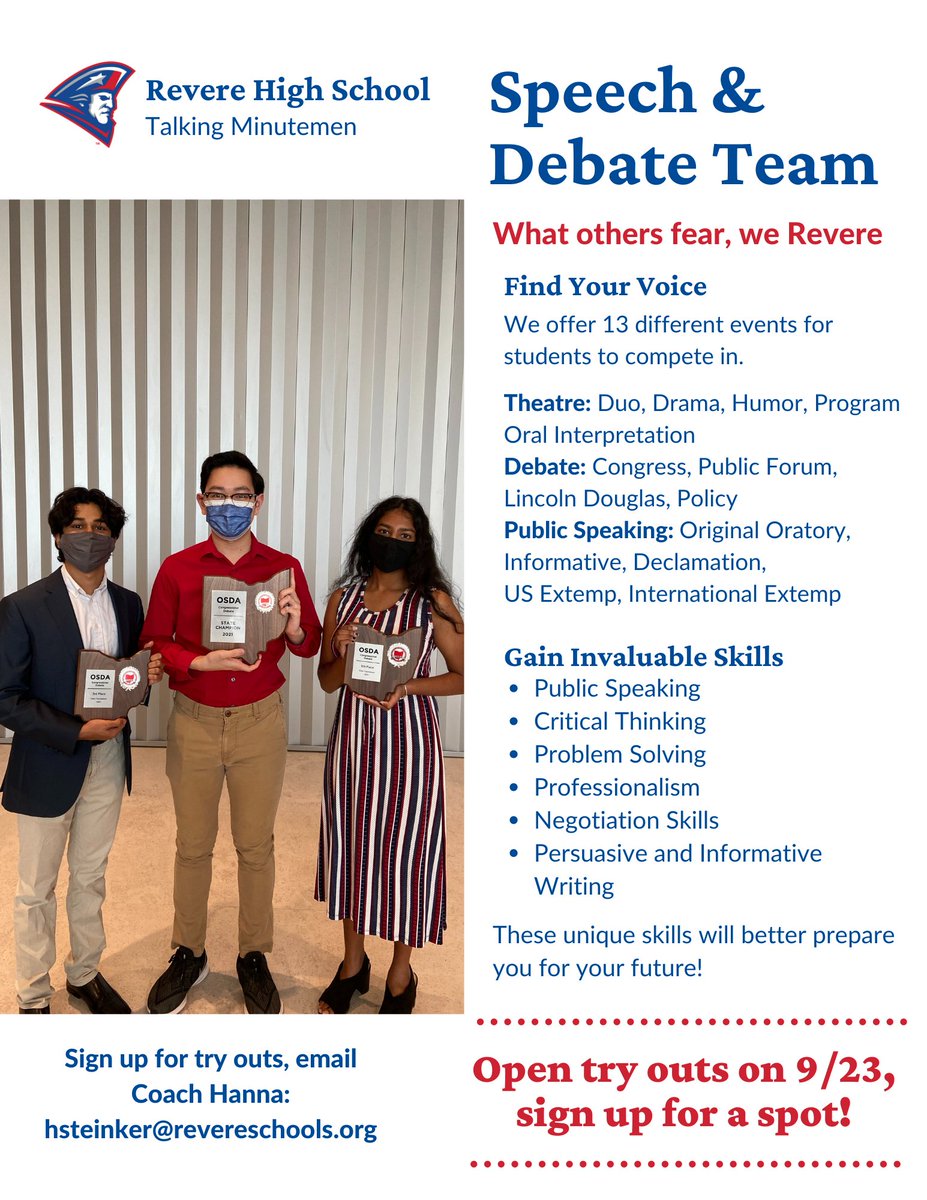 DebateRevere's tweet photo. Thinking about joining a new club this school year?
Check out our award-winning Speech and Debate team!
Stop by the booth today at #FroshFest! #ReverePride #TalkingMinutemen @Revereschools https://t.co/OczmwEybbK