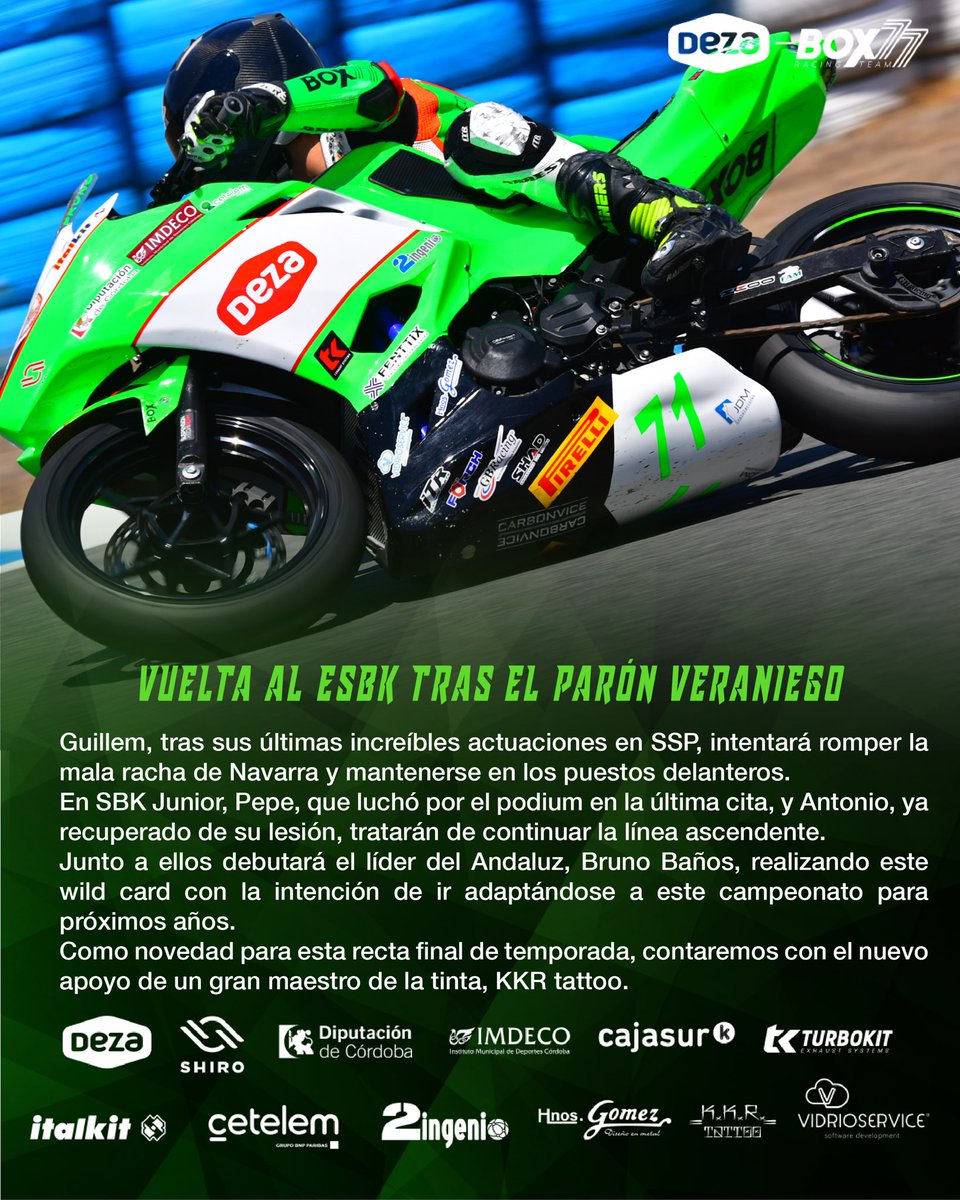 🔚 Se acabó el descanso de verano!
#ESBK Round-5 🏁 en <a href="/CircuitoNavarra/">Circuito de Navarra</a> con
🧑🏻‍🦱 Pepe Osuna
👦🏼 Bruno Baños
👦🏼 Antonio Torres
👱🏼‍♂️ <a href="/GuillemErill52/">Guillem Erill</a> 
-•-
🔚 Bye bye to summer break!
#ESBK Round-5 time 🏁 at <a href="/CircuitoNavarra/">Circuito de Navarra</a> 

#team #navarra #dezabox77 #kawasaki #esbk