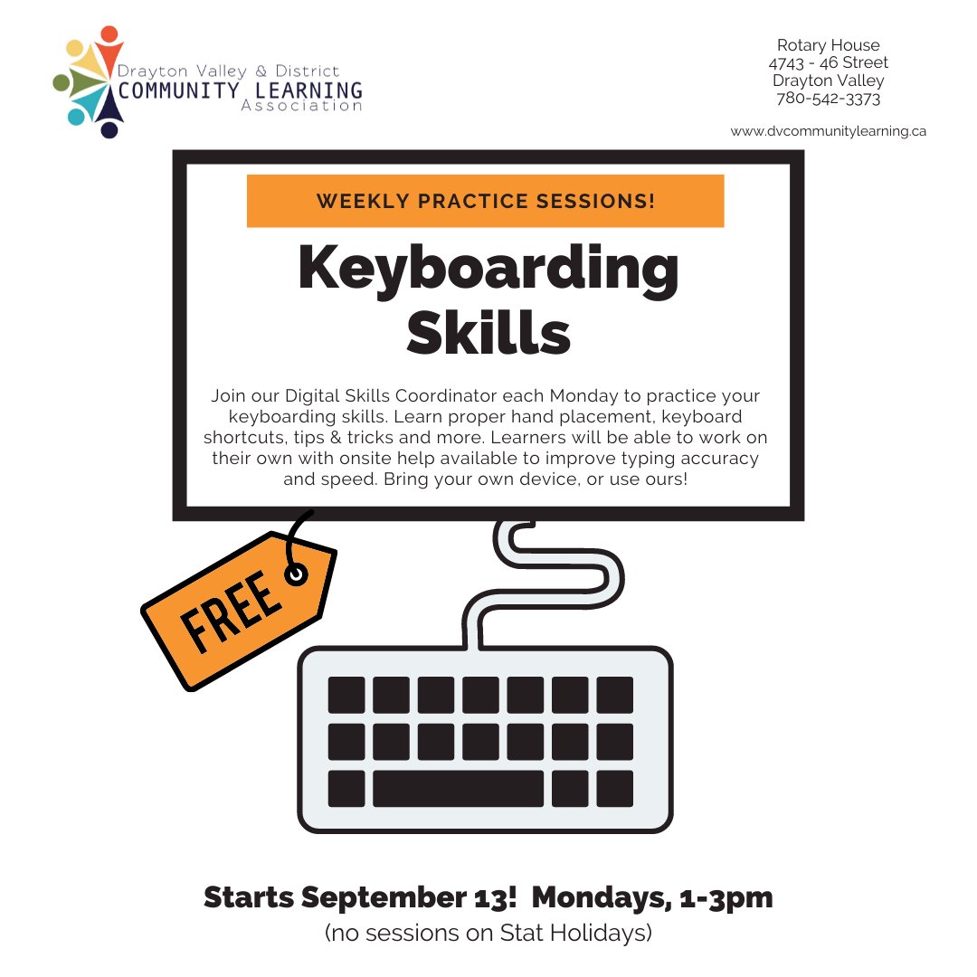 DVCommLearning's tweet image. Need to practice your typing skills?  This new program starts on Sept 13.  You&apos;ll get time to practice plus help from our on-site Coordinator.  Registration recommended to secure your spot!

#dvdcla #adultlearning #draytonvalley #brazeaucounty #typingspeed #wordprocessing
