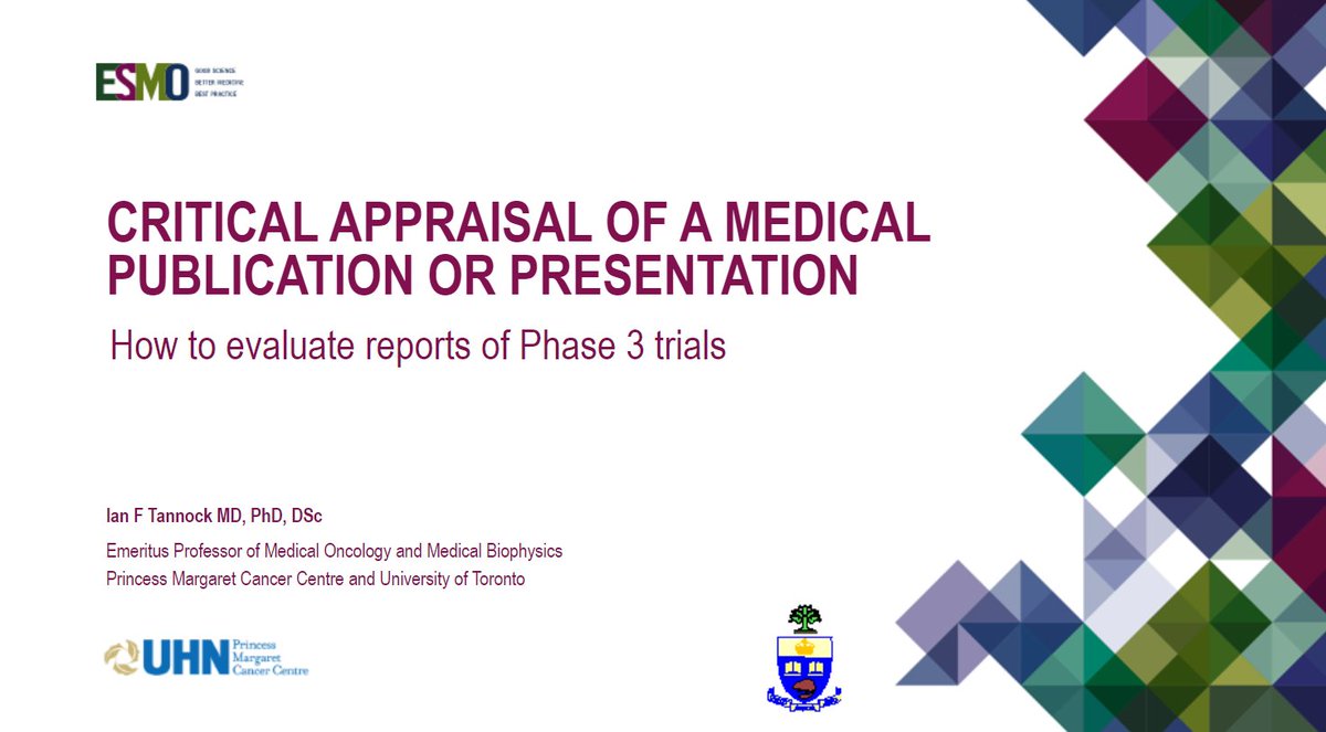 PBlanchardMD's tweet photo. Design, endpoints, statistical analysis, surrogates, clinical value, subgroups, basket trials, reporting... 

All the important points for critical appraisal of phase III trials elegantly presented by Prof Ian Tannock. 

Listen on @myESMO website here: https://t.co/d9i2LubyD8 https://t.co/Er2g5h37Ld