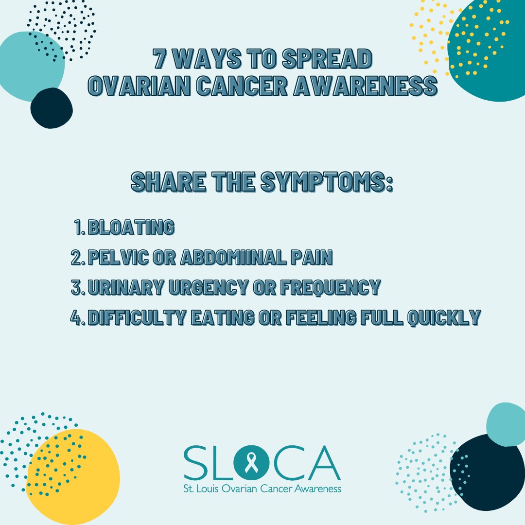 STLOvarian's tweet photo. We're just a week away from National Ovarian Cancer Awareness Month, so we thought we'd share seven ways you can help spread awareness leading up to September! Starting off with number one, share those symptoms! #OvarianCancerAwareness https://t.co/GKKvxzYyAp
