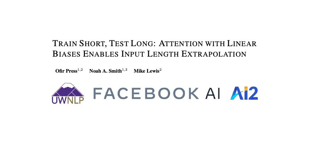 Since Transformer LMs were invented, we’ve wanted them to be able to read longer inputs during inference than they saw during training. Our Attention with Linear Biases enables this, in very few lines of code, without requiring extra params or runtime ofir.io/train_short_te… 🧵⬇