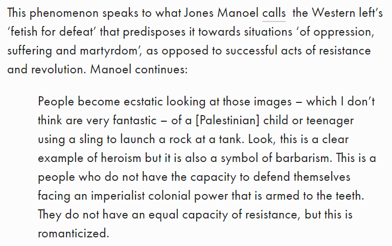 Louis_Allday's tweet photo. There's no doubt this photo by Mustafa Hassona is an incredible image &amp; the man depicted heroic, but when I see it now these words of Manoel come to my mind &amp; I wonder if all those in the West who hailed it would've done the same if he was armed with a rifle like those he faces? https://t.co/XG3xkTggip