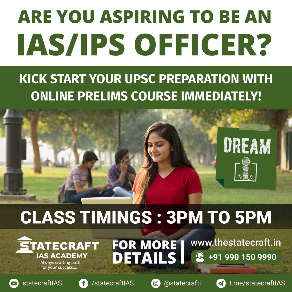 Kick start your #UPSC preparation with online #prelims course.

New batch from 26th August

For more details call us at 9901509990

Or visit thestatecraft.in

#civilservices #IAS #iasaspirant #upscmotivation #statecraftias