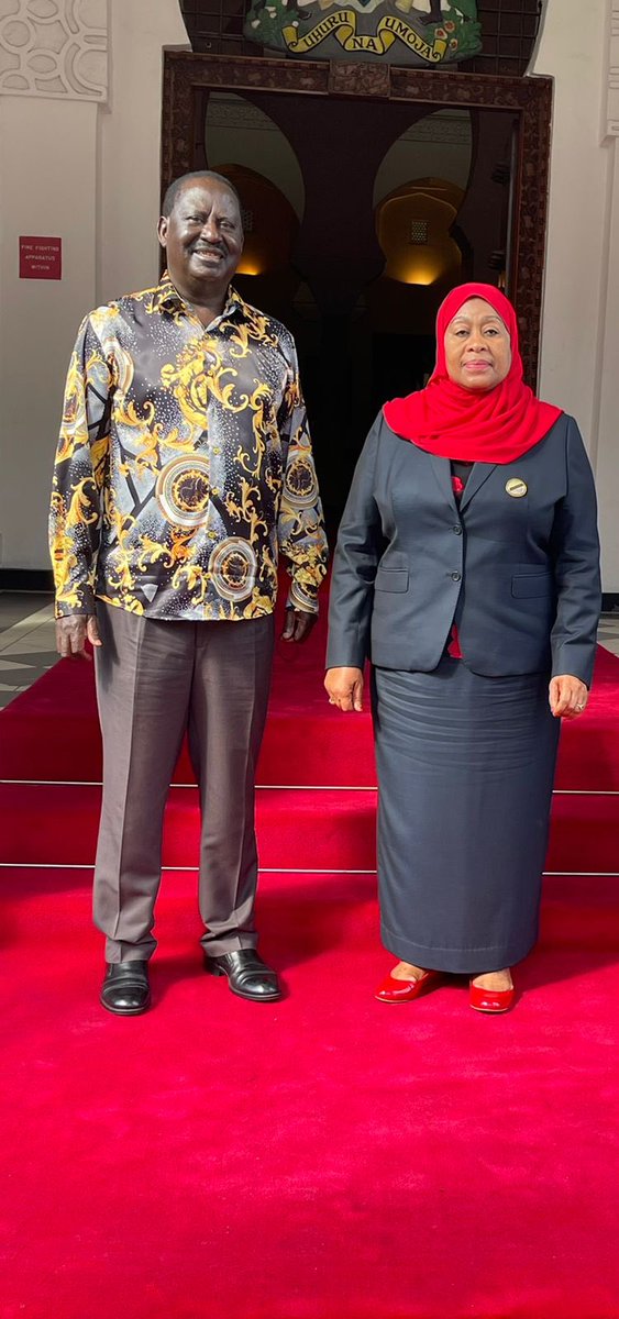 RailaOdinga's tweet photo. Held talks this afternoon with the President of the United Republic of Tanzania H.E @SuluhuSamia that focused on ways of boosting infrastructure connectivity within the EAC. 

We also explored options of enhancing regional marine transport through Lake Victoria. https://t.co/zl6fd9xnuy